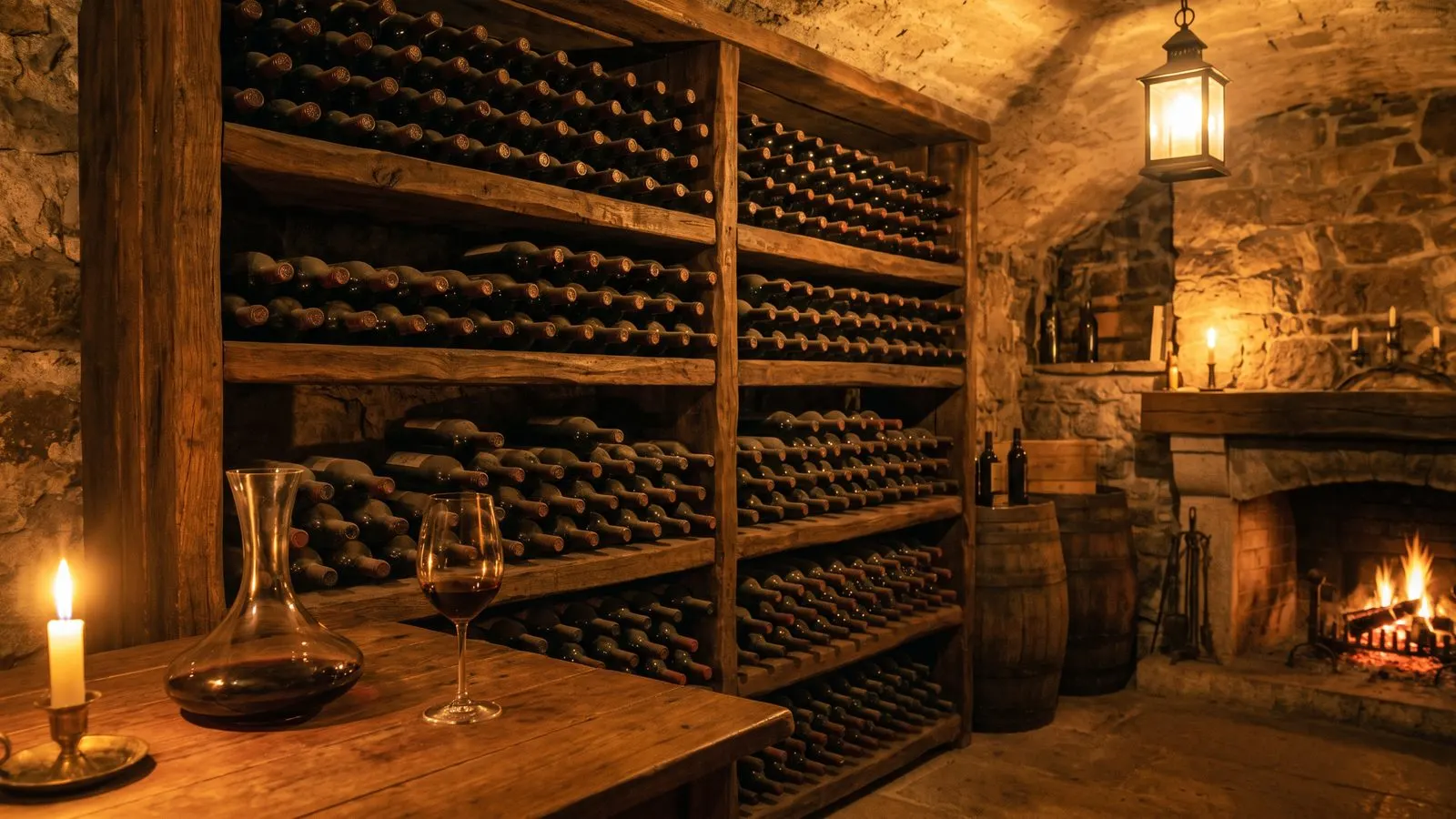 Weinregal aus dunklem Holz mit liegenden Flaschen ohne Etikett