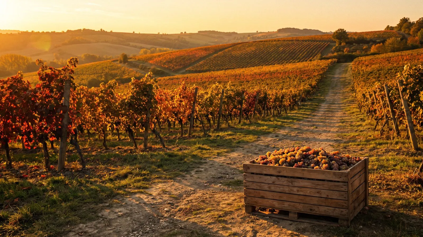 Weinberg im Abendlicht mit Rebzeilen ueber sanften Huegeln