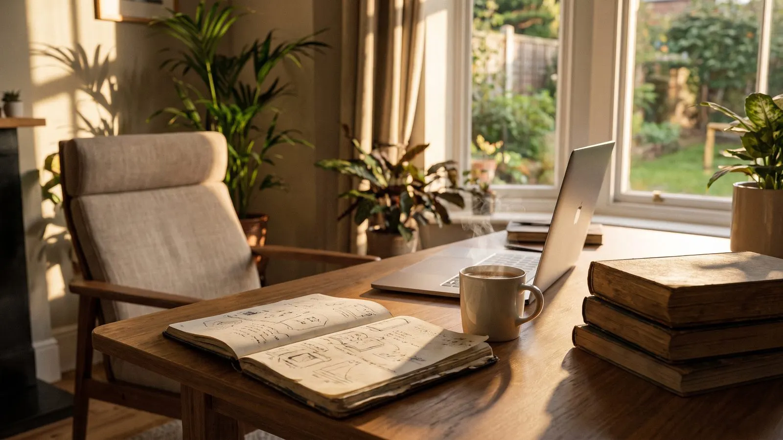 Studienarbeitsplatz mit Laptop Notizbuch Kaffee und Buecherstapel am Fenster