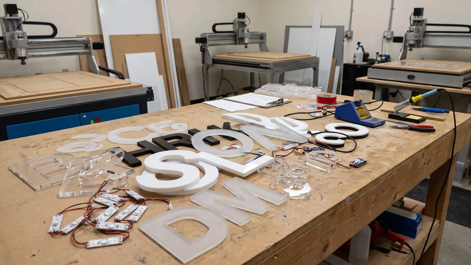 Werkstatt fuer Werbetechnik mit CNC-gefraesten Acrylbuchstaben ohne erkennbares Wort und LED-Modulen auf der Werkbank