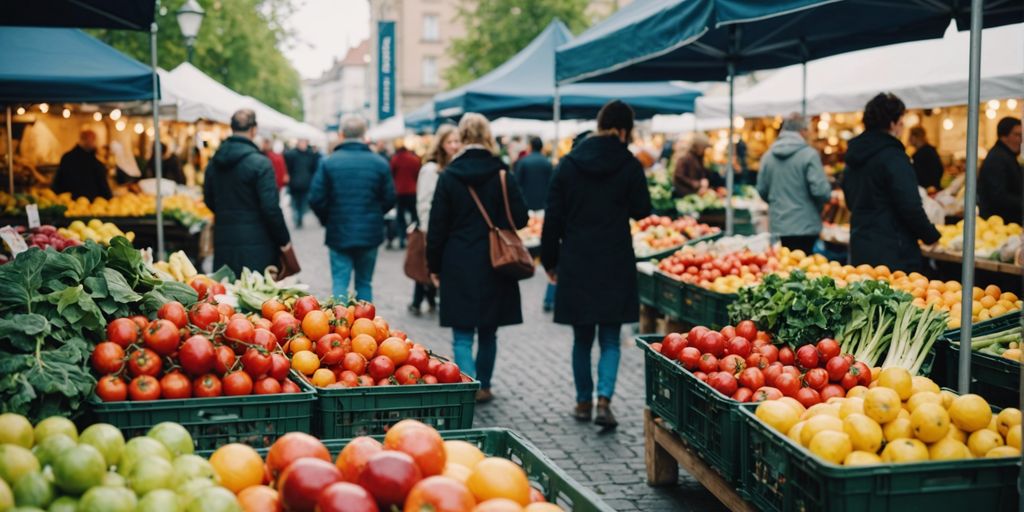 Stalls with fresh fruits and vegetables at Mannheim market