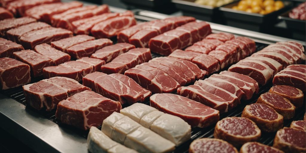 Fresh meats in a butcher shop display.