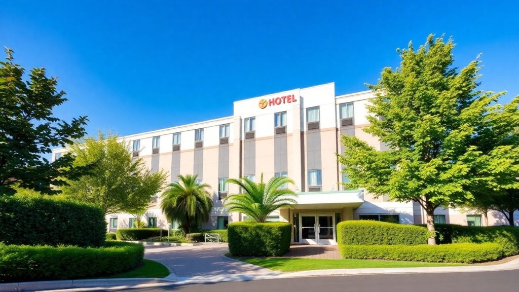 Hotel in Neuostheim mit Bäumen und blauem Himmel.