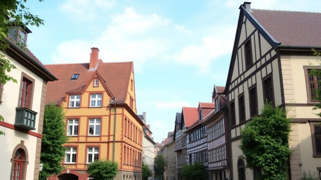 Historische Gebäude in Mannheim-Sandhofen unter blauem Himmel.